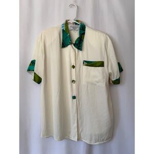 Carol Anderson Collection Petite White Tropical Floral Rayon Button Up Shirt PL